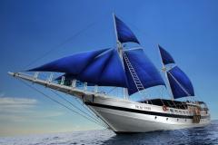 Fond ecran long voilier voile bleue navigue sur ocean echelle corde bouees sauvetage image mer sport nautique