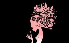 Fond écran deux tons femme tenue fleur dans sa main et fleur tete couleurs noir et rose