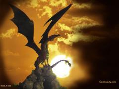 Fond écran dragon perché sur un roche, coucher de soleil en arriere plan