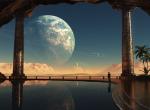 Fond ecran photo montage vie sur planete vue autre planete palais luxe piscine ville blanche au fond