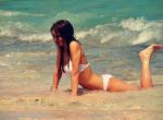 Fond ecran actrice pose sexy bikini blanc sourire cheveux longs humide plage bord mer ocean vague belle femme