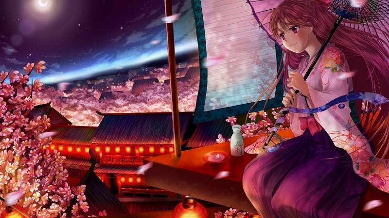 Manga japonais ton rouge violet fille avec ombrella dessin