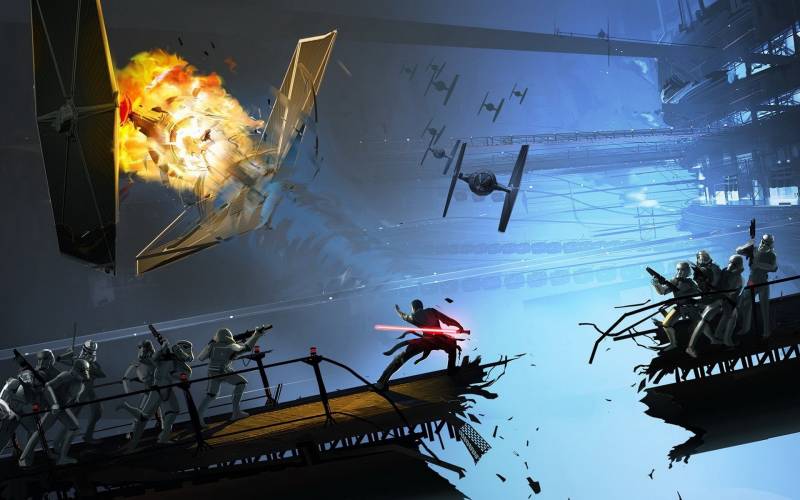 fond ecran star wars art graphique soldats republique sith utilisant la force pour stopper vaisseau