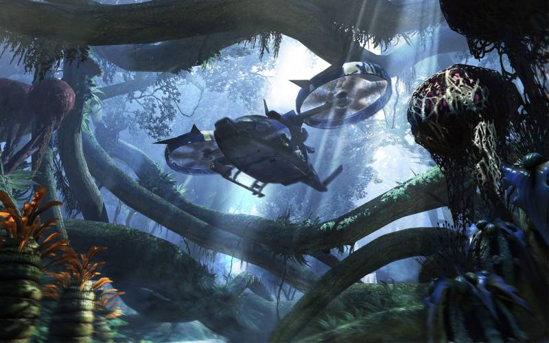Avatar fond écran, vaisseau militaire rasant la jungle artwork dessin