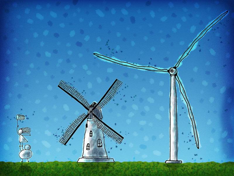 Fond écran éolienne moulin femme avec epuisette portée par homme humour style