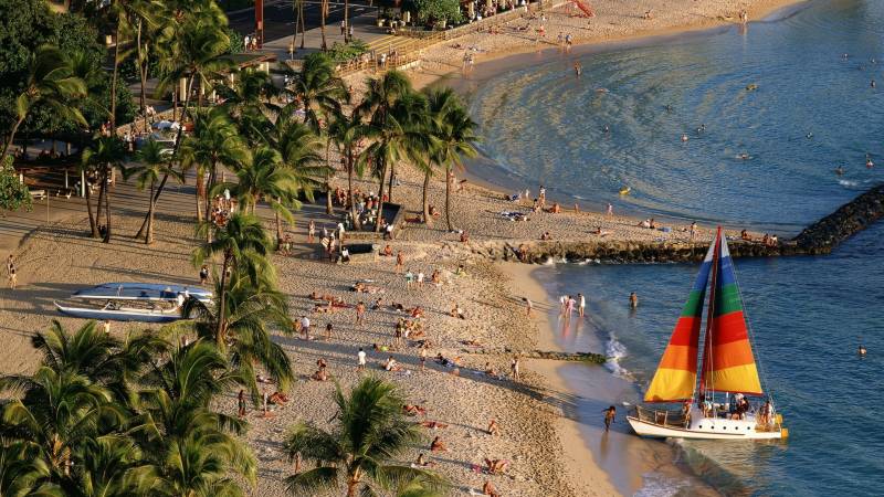 Fond ecran photographie touristes vacanciers plages sud pacifique palmiers voile sable chaud jetee baignade