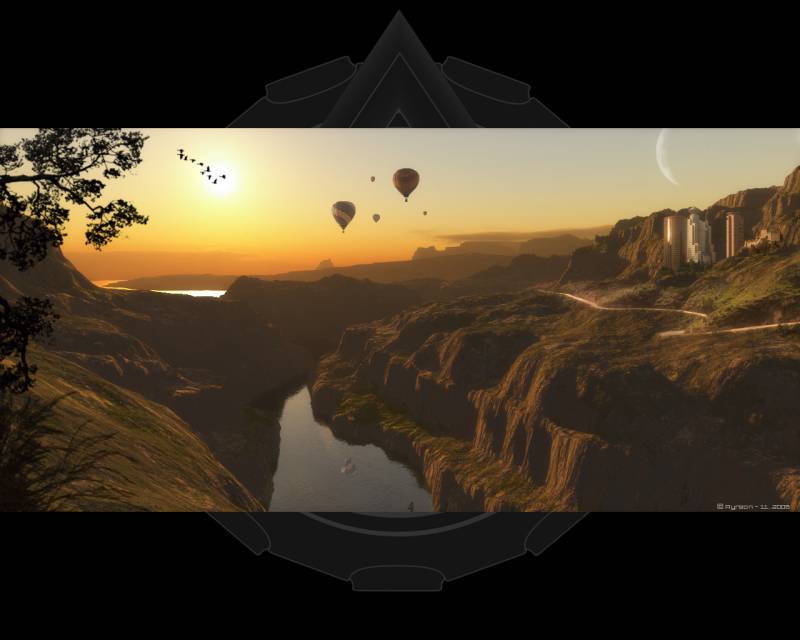 couche de soleil dans une vallee avec riviere et ville et montgolfieres dans le ciel image 3d