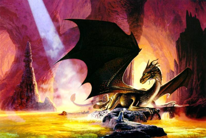 Fond écran magicien et dragon au fond d'une énorme caverne