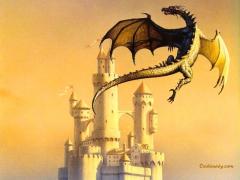 Fond écran dragon volant près d'un énorme chateau fort