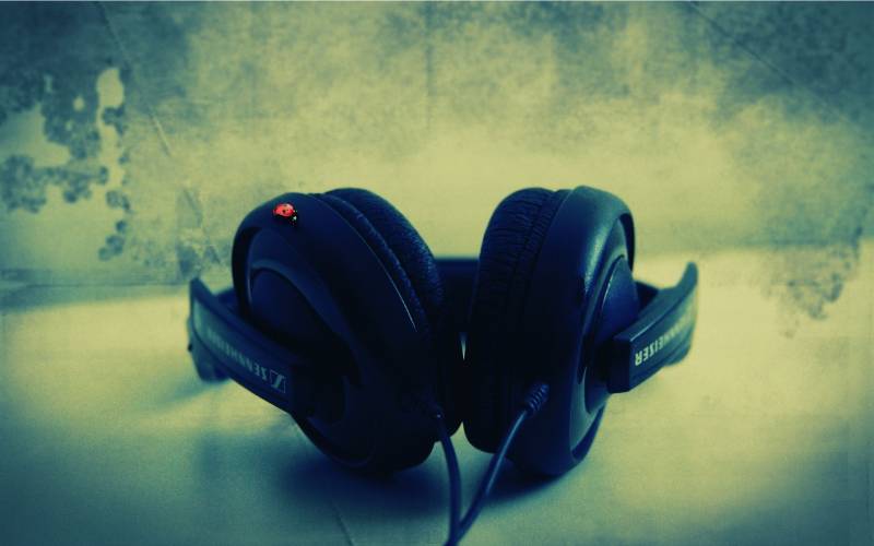 Fond écran casque marque sennheiser avec coccinelle posee dessus ton bleu fonce bleu vieilli