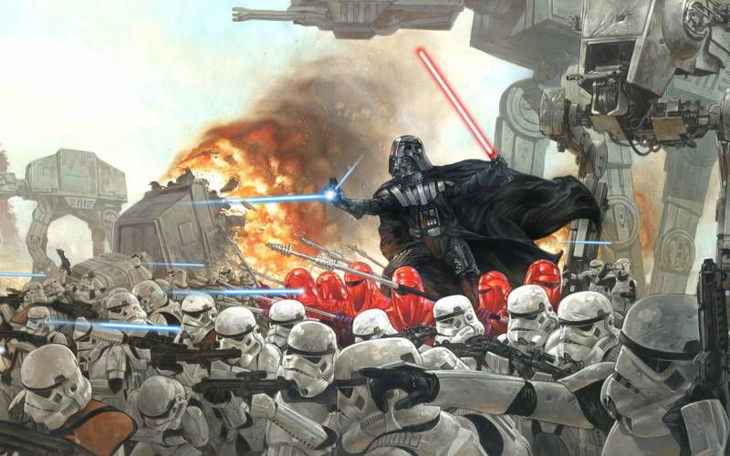 Star wars dessin Dark Vador entouré de l'armée de l'empire a l assaut